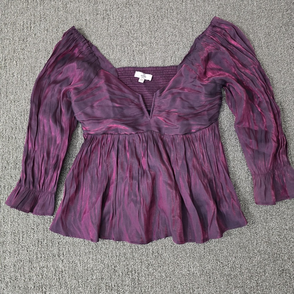 Entro Shimmery Satin Babydoll Peplum Blouse Puff Sleeve Romantic Witchy Sz Large